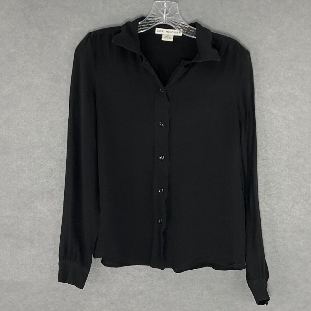 Jack MulQueen Top Womens 8 Black 100% Silk Button Up Vintage Office Sustainable